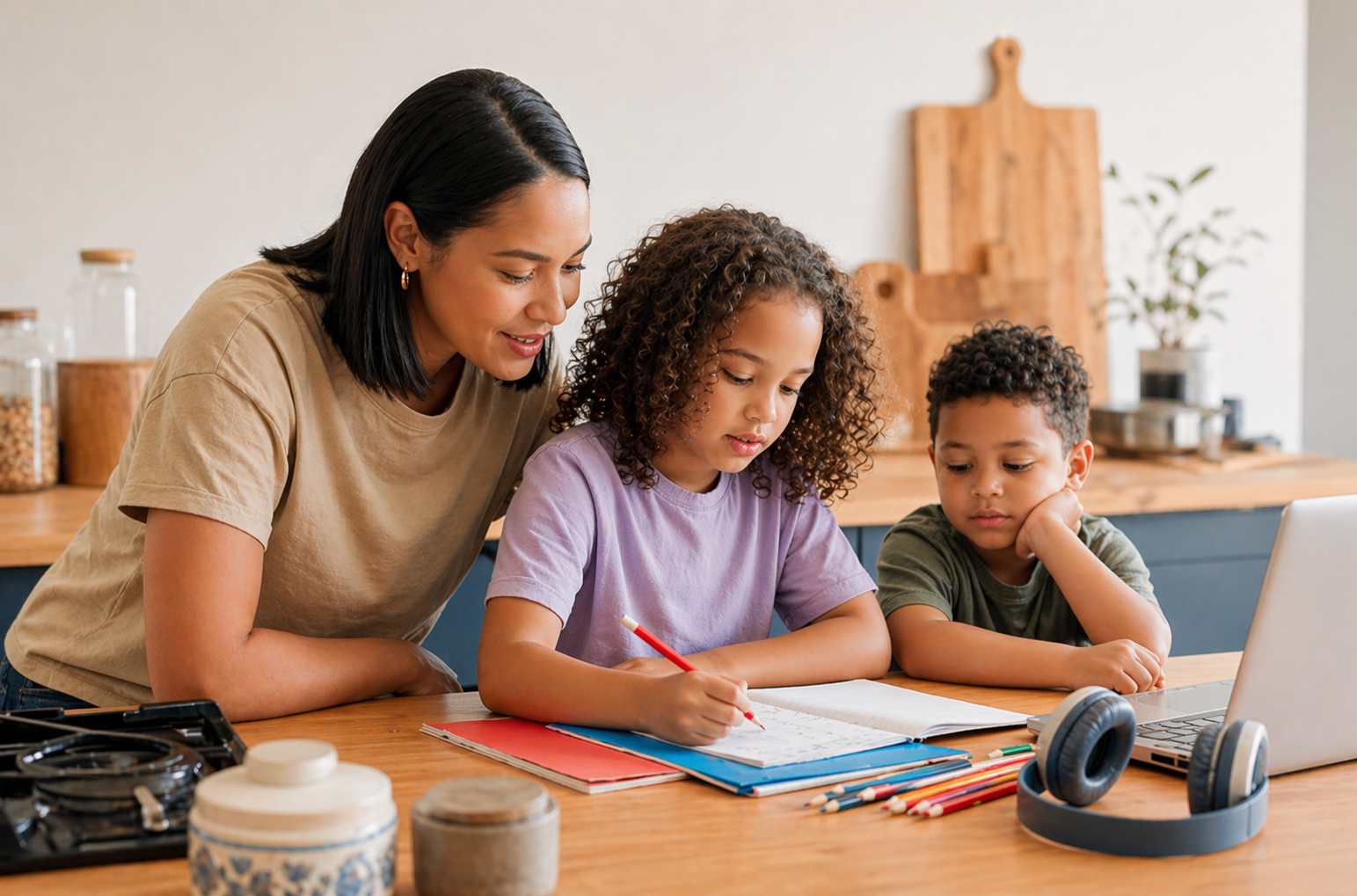 Homeschool parent helping two children with schoolwork at the kitchen table